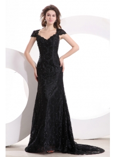 Short Sleeves Modest Black Lace Formal Evening Dress with Train
