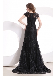 Short Sleeves Modest Black Lace Formal Evening Dress with Train