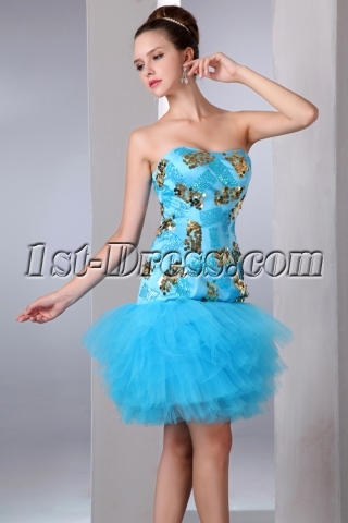 Blue and Gold Drop Waist Mini Sweet 15 Dresses in Mexico