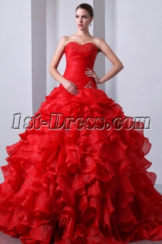 Graceful Red Ruffled Sweetheart Puffy Quinceanera Gown 2014