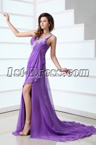 Purple Sexy One Shoulder Chiffon Celebrity Dress with Slit Front