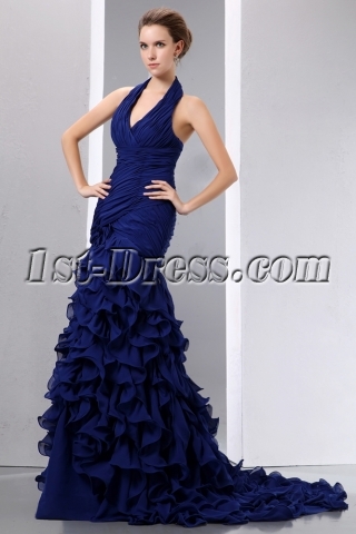 Royal Halter Ruched Mermaid Formal Prom Dress with Train
