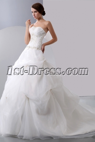 Strapless Embroidery Organza Wedding Gown with Draped Bodice and Pick up Skirt