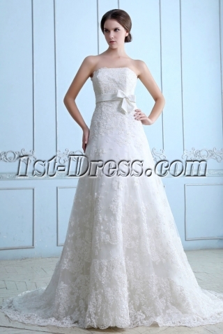 Strapless Lace over Ivory Satin Bridal Gown with Empire