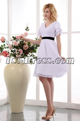 White and Black Babydoll Knee Length Short Bridal Dresses with Short Sleeves
