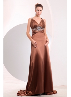 Beaded Brown T-back Pleat Celebrity Evening Dress with Train