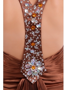 Beaded Brown T-back Pleat Celebrity Evening Dress with Train