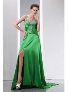 Beaded Green Straps A-line Slit Celebrity Dress with Detachable Train