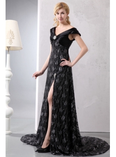 Black V-neckline Lace Slit Plus Size Evening Dress with Train
