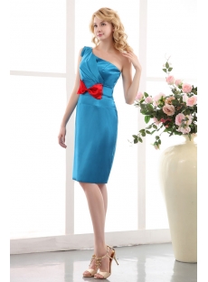 Blue One Shoulder Column Short Prom Dress with Red Bow
