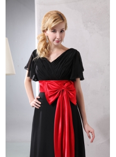 Butterfly Sleeved Black Chiffon Evening Dress with Red Waistband