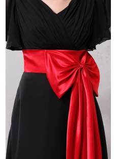 Butterfly Sleeved Black Chiffon Evening Dress with Red Waistband