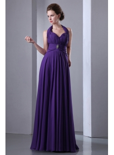 Charming Purple Halter Prom A-line Sleeveless Ruched Zipper Formal Evening Dress