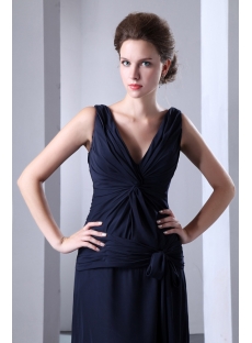 Dark Navy Slit Chiffon Long Evening Dress 2013 with V-neckline