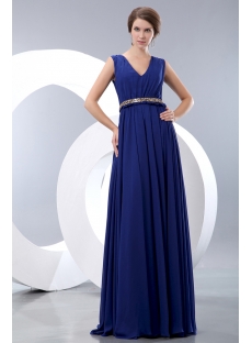 Elegant Royal blue V-neckline Chiffon Evening Dress with Belt