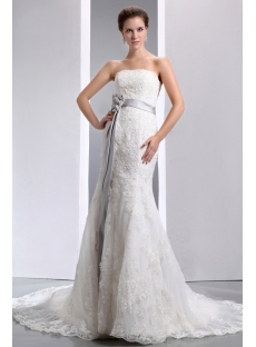 Fit-and-flare Strapless Lace Wedding Dresses with Silver Sash