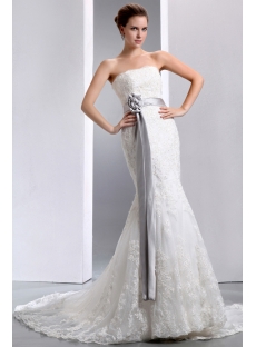 Fit-and-flare Strapless Lace Wedding Dresses with Silver Sash