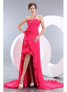 Fuchsia Beautiful High-low Hem One Shoulder Prom Celebrity Dress with Train