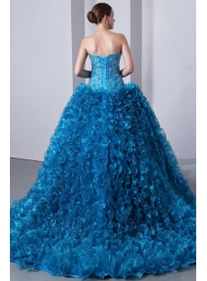 Luxurious Beaded Blue Sweetheart Ruffled Ball Gown Quinceanera Dress 2014 with Trai