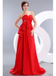 Modest Red A-line Taffeta Ruffle Evening Dress with Train