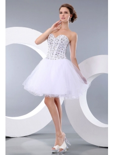 Pretty Jeweled White Puffy Sweetheart Cocktail Dress