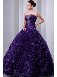 Purple 3D Handmade Flowers Ruffled Quinceanera Gown 2014