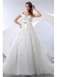 Romantic Floral Queen Anne Princess Wedding Dress with Cap Sleeves