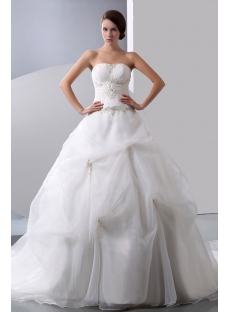 Strapless Embroidery Organza Wedding Gown with Draped Bodice and Pick up Skirt