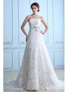 Strapless Lace over Ivory Satin Bridal Gown with Empire