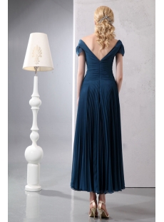 Teal Blue Romantic Tea Length V-neckline Formal Evening Dress with Cap Sleeves