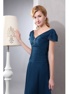 Teal Blue Romantic Tea Length V-neckline Formal Evening Dress with Cap Sleeves