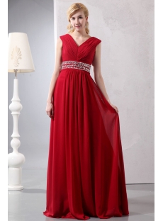 Wine Red Chiffon Long V-neckline Full Figure Evening Dress