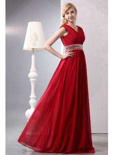 Wine Red Chiffon Long V-neckline Full Figure Evening Dress