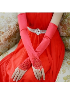 Long Fingerless Beaded Red Opera Gloves