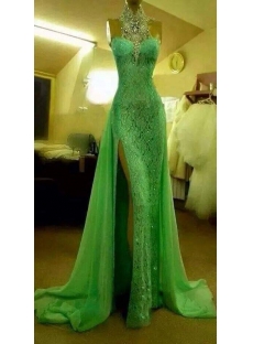 Jeweled Halter Green Lace Evening Dress
