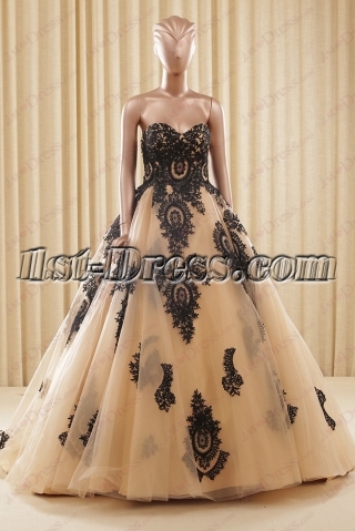 Beautiful Champagne and Black Ball Gown Wedding Dress 2016