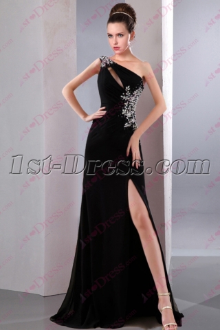 2016 Black One Shoulder Slit Prom Dress