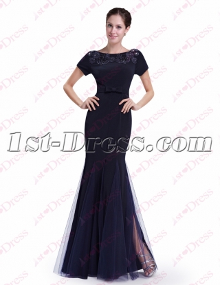 Classic Navy Blue Sheath Prom Dress with Short Sleeves
