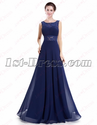 Modest Navy Blue Lace Prom Dress with Open Back
