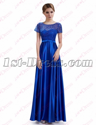 Modest Royal Blue Long Evening Dress with Short Sleeves