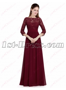 Modest Burgundy Lace 1/2 Long Sleeves Prom Dress