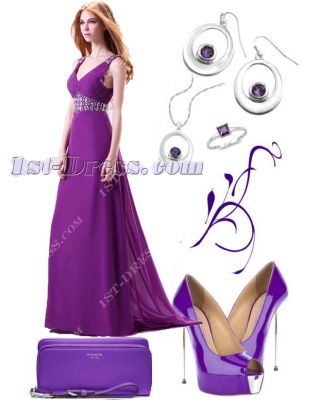 Purple Plunge V-neckline Chiffon 2014 Evening Gown