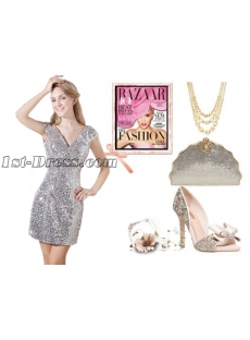 Silver Sequins Short Cocktail Party Dress with Cap Sleeves