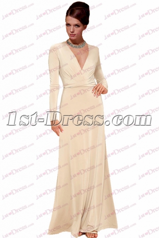 Simple Champagne Long Sleeves Vintage Evening Dress with V-neckline