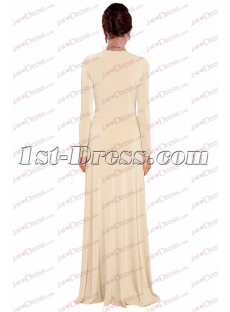 Simple Champagne Long Sleeves Vintage Evening Dress with V-neckline