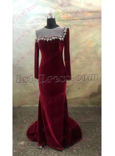 Pretty Burgundy Long Sleeves Illusion Neckline Velvet Evening Dress