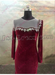 Pretty Burgundy Long Sleeves Illusion Neckline Velvet Evening Dress
