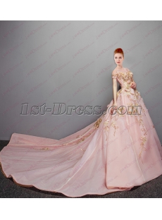 2018 Romantic Pink Off Shoulder Ball Gown Wedding Dress with Bling
