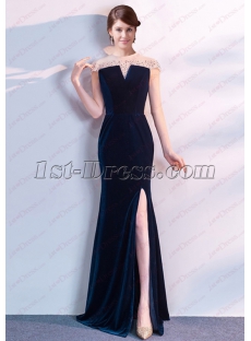 Charming Illusion Teal Blue Velvet Evening Dress with Cap Sleeves