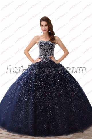 Sparkly Navy Blue Beaded Ball Gown Best Quinceanera Dresses 2018
